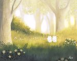  artist_name ayu_(mog) bunny english_commentary flower forest grass holding_hands nature no_humans original scenery sunlight tree walking 