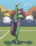  2020 aikaanarchy anthro beastars breasts brown_body brown_fur canid canine canis cheerleader cleavage_cutout clothing crop_top female front_view full-length_portrait fur hi_res juno_(beastars) legwear mammal on_one_leg one_leg_up outside panties pom_poms portrait raised_leg shirt solo standing thigh_highs topwear underwear wolf 