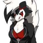  1:1 absurd_res alpha_channel anthro black_body black_fur black_nose black_sclera bra breasts canid canine canis chest_tuft cleavage clothed clothing eye_markings eyelashes fan_character female fur hair hi_res jacket looking_at_viewer lycanroc mammal markings midnight_lycanroc multicolored_body multicolored_fur nintendo open_clothing open_jacket open_topwear pok&eacute;mon pok&eacute;mon_(species) red_eyes simple_background solo tongue tongue_out topwear transparent_background tuft two_tone_body two_tone_fur underwear video_games were werecanid werecanine white_body white_fur winick-lim 