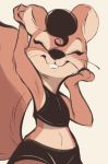  2020 anthro brown_body brown_fur buckteeth clothed clothing crop_top eyes_closed female fully_clothed fur hi_res mammal midriff rodent sciurid shirt simple_background solo tan_background teeth tohupo topwear whiskers 
