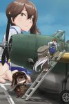  aircraft airplane apron brown_eyes brown_hair drkanonym fairy_(kantai_collection) flight_deck highres japanese_clothes kaga_(kantai_collection) kantai_collection ladder long_hair machinery multiple_girls muneate nose_art paint paintbrush quiver shield short_sidetail side_ponytail tasuki thighhighs tsurime yumi_(bow) 