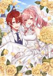  1boy 1girl :d blush breasts brooch carrying dress flower formal hanagata hetero jewelry medium_breasts necktie open_mouth original outdoors pink_hair princess_carry red_eyes red_hair smile suit wedding_dress white_dress white_suit yellow_flower 