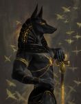  anthro anubian_jackal anubis black_body black_claws black_fur black_nose canid canine canis claws clothing deity egyptian egyptian_clothing egyptian_mythology fiona_hsieh fur gold_(metal) gold_jewelry half-length_portrait jackal jewelry male mammal middle_eastern_mythology mythology portrait side_view solo standing yellow_eyes 