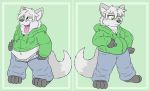  anthro barefoot before_and_after belly belly_overhang belly_rub big_belly bottomwear breath canid canine canis clothing denim denim_clothing female hi_res ian_the_wolf intersex jacket jeans male mammal obese overweight panting pants slightly_chubby solo suibelly topwear transformation vorishfoxie weight_gain wolf 