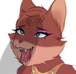  ahegao anthro bodily_fluids brown_body brown_fur collar eyebrows eyelashes eyeshadow fangs felid feline female fur green_eyes hi_res katta lipstick looking_pleasured makeup mammal penis_shadow pink_nose puffic quest_for_glory saliva saliva_on_tongue saliva_string shema simple_background solo teeth white_background 