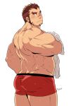  1boy akashi_(live_a_hero) ass bara boxers butt_crack chest facial_hair from_behind gradient_hair live_a_hero male_focus male_underwear multicolored_hair muscle red_eyes red_hair rybiokaoru short_hair sideburns solo thick_eyebrows thick_thighs thighs towel underwear underwear_only wet white_background 