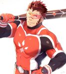  1boy akashi_(live_a_hero) bara baseball_bat bodysuit bulge chest close-up facial_hair gloves gradient_hair hand_on_hip highres live_a_hero male_focus manly multicolored_hair muscle red_bodysuit red_eyes red_hair short_hair sideburns smile solo thick_eyebrows thighs tight upper_body zifuuuun 