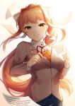  1girl absurdres artist_name blue_sky brown_hair commentary doki_doki_literature_club english_commentary english_text green_eyes grey_jacket hair_ribbon highres holding holding_pen jacket long_hair long_sleeves looking_at_viewer monika_(doki_doki_literature_club) neck_ribbon paper parted_lips pen ponytail red_ribbon ribbon sasoura school_uniform sidelocks sky smile solo source_quote very_long_hair white_ribbon wing_collar 