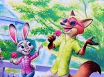 2020 anthro black_pawpads bottomwear buckteeth building canid canine clothed clothing detailed_background dipstick_tail disney duo eyewear fangs food fox fully_clothed fur grass grey_body grey_fur hi_res holding_popsicle judy_hopps lagomorph leporid looking_at_another mammal multicolored_tail nick_wilde open_mouth open_smile orange_body orange_fur outside pants pawpads pawpsicle popsicle rabbit red_fox shirt smile strawberry628_(artist) sunglasses teeth tongue topwear tree zootopia 