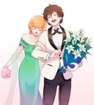  1boy 1girl aiya_kyuu banagher_links bare_shoulders bouquet bracelet brown_hair closed_eyes flower formal gundam gundam_unicorn holding holding_bouquet jewelry laughing locked_arms looking_down looking_up mineva_lao_zabi necklace open_mouth orange_hair pearl_bracelet pearl_necklace short_hair suit walking 