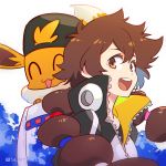  1girl :d ^_^ backwards_hat baseball_cap black_headwear brown_eyes brown_hair closed_eyes commentary eevee english_commentary gen_1_pokemon gotcha! gotcha!_girl_(pokemon) hair_between_eyes hair_through_headwear hat hatted_pokemon jacket kariki_hajime long_hair looking_at_viewer open_mouth pokemon pokemon_(creature) smile tied_hair tongue twintails twitter_username upper_body upper_teeth 