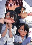  &lt;o&gt;_&lt;o&gt; 1boy 1girl ? black_hair blush commentary constricted_pupils cum cum_in_clothes cum_on_hair cum_through_clothes dark_skin ear_piercing embarrassed english_commentary erection erection_under_clothes facial fellatio hair_ornament hairclip hetero highres ijiranaide_nagatoro-san long_hair male_pubic_hair nagatoro_hayase oral penis penis_awe penis_kiss piercing precum pubic_hair red_nails shirt simple_background solo_focus testicles uncensored white_background white_shirt wide-eyed yellow_eyes yellowroom 