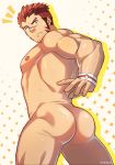  1boy akashi_(live_a_hero) ass ass_focus bara chest completely_nude facial_hair from_behind gradient_hair highres live_a_hero looking_back male_focus manly multicolored_hair muscle nude red_eyes red_hair short_hair sideburns solo thick_eyebrows thick_thighs thighs zombies_inc. 