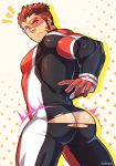  1boy akashi_(live_a_hero) ass ass_focus bara bodysuit chest facial_hair from_behind gloves gradient_hair highres live_a_hero looking_back male_focus manly multicolored_hair muscle red_bodysuit red_eyes red_hair short_hair sideburns solo thick_eyebrows thick_thighs thighs tight torn_bodysuit torn_clothes zombies_inc. 