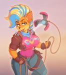 2020 activision anthro bandicoot belt big_breasts black_nose blonde_hair blue_eyes blue_hair bottomwear breasts clothing crash_bandicoot_(series) daxzor denim denim_clothing digital_media_(artwork) ear_piercing ear_ring female fingerless_gloves gloves gradient_background hair handwear hi_res inner_ear_fluff jacket jeans leather leather_jacket looking_at_viewer mammal marsupial multicolored_hair orange_body pants piercing pirate_tawna rope shirt signature simple_background solo tawna_bandicoot technology thick_thighs topwear tuft two_tone_hair video_games 