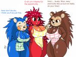  4:3 absurd_res animal_crossing anthro apron apron_only big_breasts breast_squish breasts clothed clothing digital_media_(artwork) english_text eulipotyphlan female flaky_(htf) fur group hair happy_tree_friends hedgehog hi_res huge_breasts looking_at_another mabel_able mammal mostly_nude nintendo nr_ac open_mouth porcupine red_body red_fur rodent sable_able sibling simple_background sister sisters size_difference smile squish suina text thick_thighs tongue video_games 