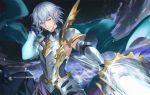  1boy armor artist_name bishounen cape character_request darkavey glowing granblue_fantasy green_eyes heterochromia highres looking_at_viewer male_focus pauldrons pointing_weapon pointy_ears red_eyes shoulder_armor signature silver_hair smile upper_body 