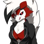  1:1 absurd_res alpha_channel anthro black_nose black_sclera bra breasts canid canine canis chest_tuft cleavage clothed clothing edit eyelashes female fur hair hi_res jacket looking_at_viewer lycanroc mammal midnight_lycanroc multicolored_body multicolored_fur nintendo open_clothing open_jacket open_topwear pok&eacute;mon pok&eacute;mon_(species) red_body red_eyes red_fur simple_background solo tongue tongue_out topwear transparent_background tuft two_tone_body two_tone_fur underwear video_games were werecanid werecanine white_body white_fur winick-lim 