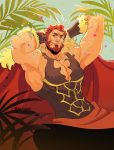  1boy armpits arms_behind_head bara beard breastplate cape chest chest_hair cleavage_cutout clothing_cutout facial_hair fate/grand_order fate/zero fate_(series) fur-trimmed_cape fur_trim highres iskandar_(fate) leather looking_at_viewer male_focus manly muscle pegushi plant raised_eyebrow red_cape red_eyes red_hair short_hair smug solo sparkle upper_body 