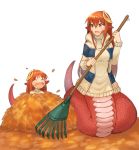  2girls :d ^_^ ^o^ autumn_leaves closed_eyes commission dress fang full_body hair_between_eyes hair_ornament hairclip highres holding jacket lamia long_hair miia_(monster_musume) mika_(miiafag) monster_girl monster_musume_no_iru_nichijou mother_and_daughter multiple_girls open_mouth pointy_ears scales sidelocks simple_background smile sookmo standing sweater sweater_dress sweater_jacket white_background 