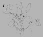  ! 2020 anthro barefoot belt bottomwear bridal_carry canid canine carrying claws clothed clothing disney duo fluffy fluffy_tail fox fully_clothed fur grey_background hi_res judy_hopps lagomorph leporid mammal monochrome necktie nick_wilde pants pawpads police_uniform rabbit red_fox s1m shirt simple_background smile standing toe_claws topwear uniform zootopia 