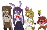  2020 animatronic avian beak bird blonde_hair blue_eyes blush bonnie_(fnaf) bow brown_body brown_fur brown_hair buckteeth canid canine cheek_tuft chica_(fnaf) chicken clothing confusion cosplay cupcake_(fnaf) dress ears_down eyebrows facial_tuft fangs feathers female fingers five_nights_at_freddy&#039;s fox foxy_(fnaf) freddy_(fnaf) fur galliform gallus_(genus) girly golden_freddy_(fnaf) hair hi_res himugatok lagomorph leporid long_ears long_hair machine male mammal phasianid pink_hair pivoted_ears ponytail purple_body purple_fur purple_hair rabbit red_body red_fur ribbons robot school_uniform smile teeth tuft uniform ursid video_games yellow_body yellow_feathers yellow_fur 