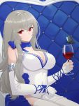  1girl azur_lane breasts bug butterfly closed_mouth cross_hair_ornament cup dress drinking_glass elbow_gloves eyebrows_visible_through_hair gloves hair_ornament highres holding holding_cup insect large_breasts long_hair looking_at_viewer mole mole_under_eye motirimoti platinum_blonde_hair red_eyes saint-louis_(azur_lane) saint-louis_(brilliant_paladin)_(azur_lane) sitting smile solo white_dress white_gloves wine_glass 