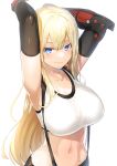  1girl absurdres armpits arms_up bare_shoulders bismarck_(kantai_collection) black_skirt blonde_hair blue_eyes blush breasts cleavage cosplay crop_top elbow_gloves gloves highres kantai_collection large_breasts long_hair looking_at_viewer meth_(emethmeth) midriff navel skirt smile solo suspender_skirt suspenders tank_top tifa_lockhart tifa_lockhart_(cosplay) 