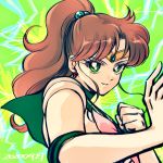  1girl bishoujo_senshi_sailor_moon brown_hair clenched_hand close-up dated fighting_stance gloves hana_(haruharu-michimichi83) highres kino_makoto looking_at_viewer ponytail sailor_collar sailor_jupiter sailor_senshi_uniform solo symbol_commentary tied_hair white_gloves 