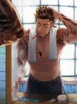  1boy abs bara bare_chest chest closed_eyes facial_hair final_fantasy final_fantasy_xv gladiolus_amicitia goatee highres male_focus manly messy_hair muscle navel short_hair solo stubble tattoo toothbrush_in_mouth towel towel_around_neck wet window yuzukarin 