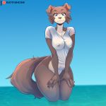  1:1 2020 anthro beastars blue_sky blush bottomless breasts brown_body brown_fur brown_tail canid canine canis clothed clothing female front_view fur juno_(beastars) katfishcom looking_at_viewer mammal nipples partially_submerged portrait shirt sky solo standing t-shirt thick_thighs three-quarter_portrait topwear translucent translucent_clothing water wet wet_clothing wet_shirt wet_topwear wide_hips wolf 