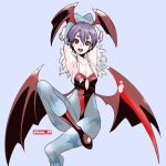  1girl animal_print areola_slip areolae armpits arms_up bat_print bat_wings blue_background breasts foot_out_of_frame head_wings highres honne_69 invisible_chair leotard lilith_aensland looking_at_viewer low_wings medium_breasts open_mouth print_legwear purple_hair red_eyes red_leotard short_hair simple_background sitting solo twitter_username vampire_(game) wings 