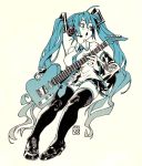  1girl :o blue_eyes blue_hair blue_nails breasts dated english_commentary guitar hatsune_miku headset high_heels highres holding holding_instrument instrument large_breasts long_hair looking_to_the_side monochrome open_mouth poch4n sitting solo spot_color thighhighs twintails very_long_hair vocaloid 