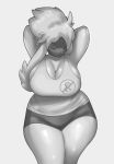  2020 anthro big_breasts bottomwear breasts cleavage clothed clothing conditional_dnp eyes_closed female furfrou greyscale hands_behind_head hi_res monochrome nintendo pok&eacute;mon pok&eacute;mon_(species) raised_arm shirt shorts solo thick_thighs topwear video_games wide_hips xopachi 
