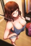  1girl artofhuan bare_shoulders blue_eyes blush breasts brown_hair cleavage closet covered_nipples from_above grey_shorts grey_tank_top hair_ornament hairclip highres indoors large_breasts long_hair original short_shorts shorts standing tank_top wooden_floor 