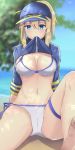 1girl absurdres ahoge arm_support artoria_pendragon_(all) beach bikini blonde_hair blue_eyes blue_sky blush breasts cameltoe cleavage fate/grand_order fate_(series) groin_tendon highres horizon large_breasts mouth_hold mysterious_heroine_xx_(foreigner) navel ocean sand shore shrug_(clothing) side-tie_bikini sii_artatm sky solo swimsuit thighs tree water white_bikini 