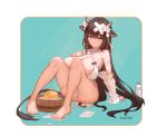  1girl animal_ears ass azur_lane bandaid bandaid_on_head bikini bottle breasts brown_hair cow_ears cow_girl cow_horns cow_tail criss-cross_halter crossed_bandaids eyebrows_visible_through_hair flower full_body hair_flower hair_ornament halterneck highres horns huge_breasts jason_dai kashino_(after-bath_pleasure)_(azur_lane) kashino_(azur_lane) long_hair looking_at_viewer manjuu_(azur_lane) milk_bottle multi-strapped_bikini purple_eyes solo swimsuit tail very_long_hair white_bikini white_flower 