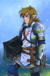 1boy armor blue_eyes blurry blurry_background feet_out_of_frame highres hylian_crest link malin_falch outdoors pointy_ears shield shiny solo sparks sword the_legend_of_zelda the_legend_of_zelda:_breath_of_the_wild weapon 