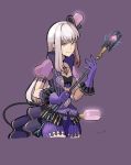  1girl absurdres adapted_weapon black_bra bra chest_jewel cosplay cowboy_shot fire_emblem fire_emblem:_three_houses gloves hat highres holding holding_staff long_hair looking_at_viewer lysithea_von_ordelia mini_hat mini_top_hat open_clothes pandoria_(xenoblade) pandoria_(xenoblade)_(cosplay) pink_eyes puffy_short_sleeves puffy_sleeves purple_background purple_gloves purple_shorts saiykik short_sleeves shorts smile solo staff tail top_hat underwear white_hair xenoblade_chronicles_(series) xenoblade_chronicles_2 