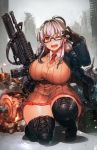  1girl assault_rifle black-framed_eyewear black_gloves black_legwear breasts curvy glasses gloves gun huge_breasts luco_san one_eye_closed original red_eyes rifle skirt smile thick_thighs thighhighs thighs weapon 