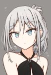  1girl absurdres an-94_(girls_frontline) aqua_eyes artist_name bare_shoulders black_dress closed_mouth dress eyebrows_visible_through_hair girls_frontline grey_background hair_ornament highres long_hair looking_at_viewer platinum_blonde_hair risshu solo_focus 