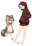  2girls ahoge animal_ears artoria_pendragon_(all) blonde_hair blush_stickers chibi commentary_request dual_persona eyebrows_visible_through_hair fate/grand_order fate_(series) glasses hair_between_eyes hands_in_pockets hood hoodie multiple_girls mysterious_heroine_x_(alter) namonashi raccoon_costume raccoon_ears raccoon_tail saber semi-rimless_eyewear smile tail yellow_eyes 