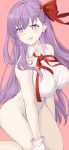  1girl absurdres bare_shoulders bb_(fate)_(all) bb_(fate/extra_ccc) blush breasts fate/grand_order fate_(series) gloves highres large_breasts leotard licking long_hair neck_ribbon o-los popped_collar purple_eyes purple_hair red_ribbon ribbon smile solo tongue tongue_out very_long_hair white_gloves white_leotard 