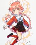  1girl artist_name braid clenched_hand fire floating highres ibi_chuan long_hair looking_at_viewer magic_knight_rayearth open_hand red_eyes red_hair school_uniform serafuku shidou_hikaru solo spanish_commentary 