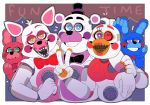  animatronic anthro avian beak bird blue_body bonnet_(fnafsl) bow chicken claws clothing eyelashes eyeshadow female fingers five_nights_at_freddy&#039;s funtime_chica_(fnaf) funtime_foxy_(fnafsl) funtime_freddy_(fnafsl) galliform gallus_(genus) gesture group hat headgear headwear lagomorph leporid lipstick looking_at_viewer machine makeup male mammal one_eye_closed open_mouth open_smile orange_body orange_pawpads pawpads phasianid pink_body pink_inner_ear puppet puppet_bonnie_(fnafsl) purple_body purple_inner_ear rabbit robot sharp_teeth sister_location smile snazzamazing speaker teeth ursid v_sign video_games wink 