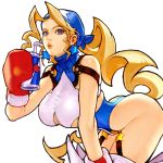  1girl bare_shoulders blonde_hair boxing_gloves breasts can cleavage cropped drinking_straw earrings highres holding holding_can jewelry justice_gakuen kim_sung_hwan long_hair o-ring parted_lips purple_eyes simple_background solo star_(symbol) star_earrings tiffany_lords white_background 