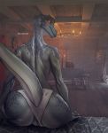  2020 anthro argonian barrel bethesda_softworks big_butt breasts butt clothed clothing clothing_aside detailed_background female genitals glowing glowing_eyes hand_on_butt inside looking_at_viewer looking_back melee_weapon non-mammal_breasts orange_eyes partially_clothed pussy raised_tail scalie shield sitting skygracer smile snow solo sword the_elder_scrolls topless video_games weapon 