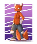  2020 anthro barefoot border canid canine clothed clothing fox full-length_portrait fur gloves_(marking) hi_res holding_wrench louart male mammal markings portrait purple_background purple_eyes simple_background smile solo standing topless white_border 
