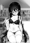  1girl bangs blue_eyes blush bow bow_bra bow_panties bra braid breasts classroom cleavage commentary_request desk hair_between_eyes highres indoors kurimochi_chizuru lace-trimmed_bra lace_trim large_breasts long_hair monochrome navel open_clothes open_mouth open_shirt original panties school_desk side-tie_panties single_braid sitting solo string_panties sweat thighhighs underwear undressing very_long_hair 