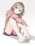  1girl :o commentary feet hood hoodie kneehighs light_brown_hair looking_at_viewer no_shoes nyoro_(nyoronyoro000) open_mouth original pink_eyes short_hair short_shorts shorts simple_background sitting soles solo white_legwear 